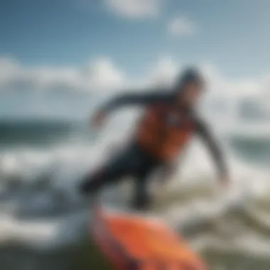 Embracing the Waves: Safety Gear in Action Kite surfer navigating through waves with safety gear