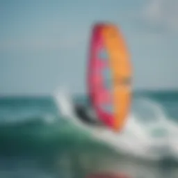 A dynamic kite surfing scene showcasing vibrant kites in action across the ocean.