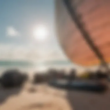 Equipment setup for kite surfing on the beach