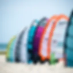 Various types of kite surfing kites displayed on the beach