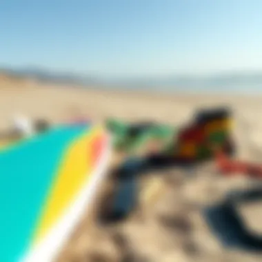 Kite surfing gear laid out on the beach