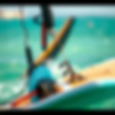 A detailed close-up of kite surfing equipment including a kite and board