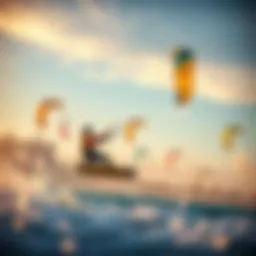 A vibrant kite surfing scene at sunset showcasing colorful kites in the sky