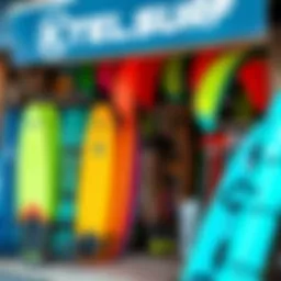 Vibrant kite surfing gear displayed in a storefront