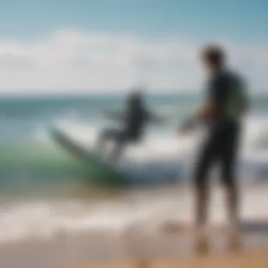 Trainer providing personalized instruction to a learner on the beach