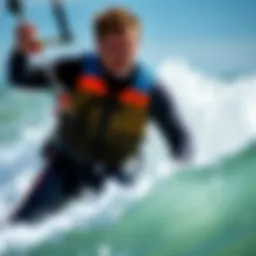 A kite surfer wearing a high-performance vest amidst ocean waves