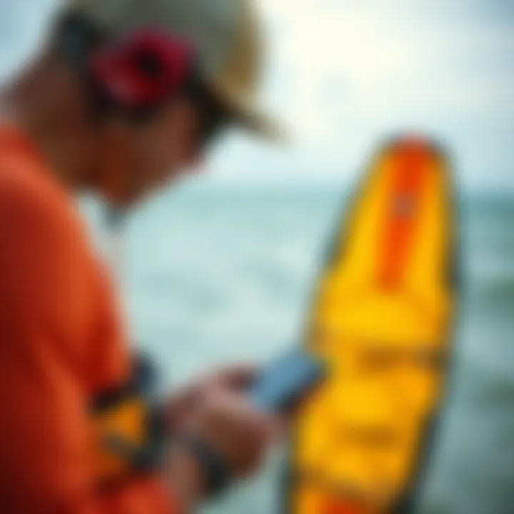 Kiteboarder analyzing weather data on a digital device