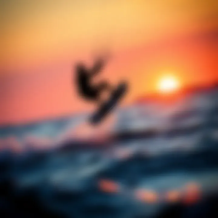 Kiteboarder at Sunset A dynamic scene of a kiteboarder performing tricks against a stunning sunset