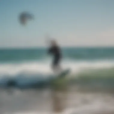 Kiteboarder using a WiFi wind meter on the beach