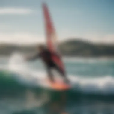 A vibrant scene of a kiteboarder experiencing the thrill of wing foiling on a sunny day.