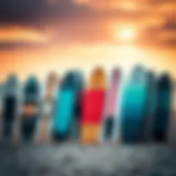 A variety of kiteboarding boards displayed on the beach.