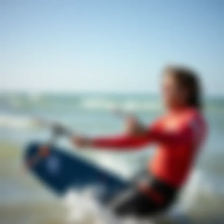 A kiteboarding enthusiast in a long sleeve wet shirt enjoying a sunny day at the beach.