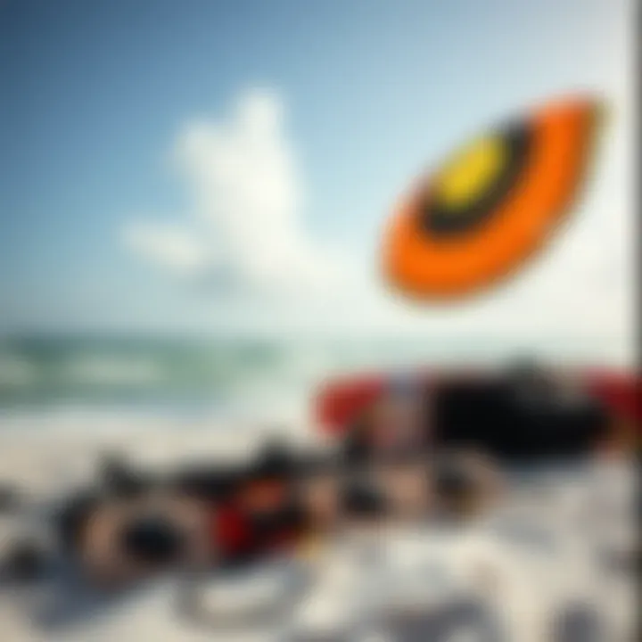 A vibrant beach scene with kiteboarding equipment laid out, ready for an adventurous day.
