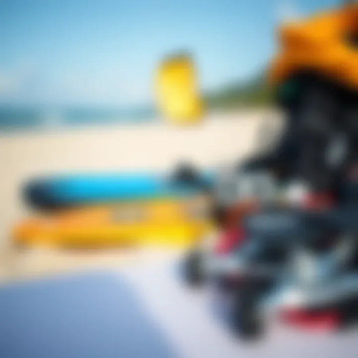 Essential Kiteboarding Gear on the Beach A close-up of kiteboarding gear laid out on a sandy beach, showcasing essential equipment for the sport.