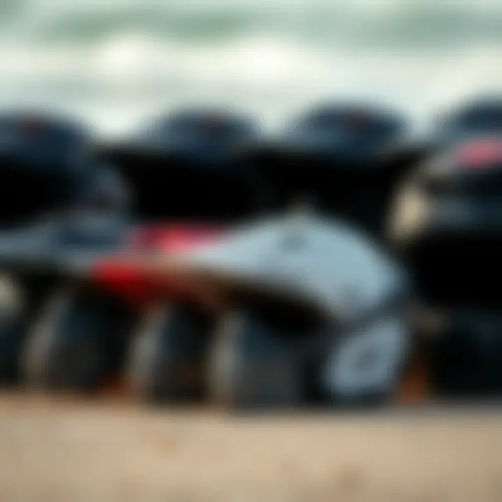 Different types of kiteboarding helmets arranged for comparison.