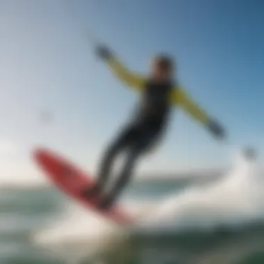 Kiteboarder gliding over the water in a bright wetsuit under a sunny sky