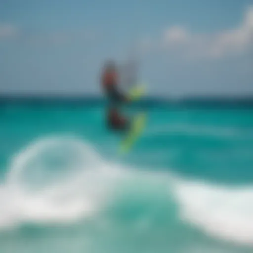 Aerial view of kiteboarders gliding over turquoise waters