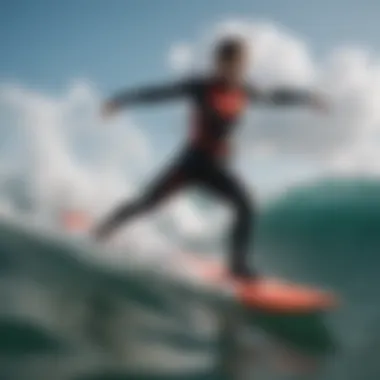 An athlete demonstrating the flexibility of a neoprene suit during kiteboarding.