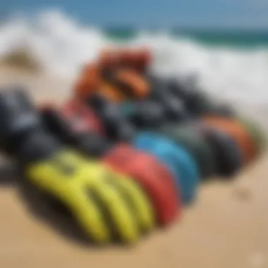 Varieties of Kitesurf Gloves Diverse range of kitesurf gloves displayed side by side