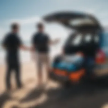 Preparing for Adventure: Loading Kitesurf Bags A kitesurf travel bag being loaded into a vehicle for travel.