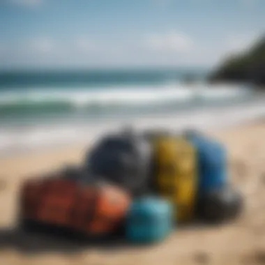 Diverse Styles and Sizes of Kitesurf Travel Bags An array of kitesurf bags in different styles and sizes.