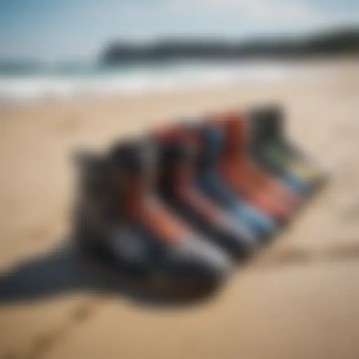 Different styles of kitesurfing booties arranged on a beach