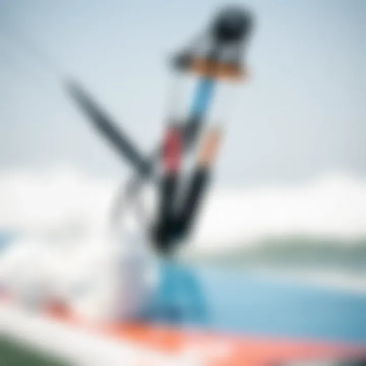 Close-up of kitesurfing gear including a kite and board