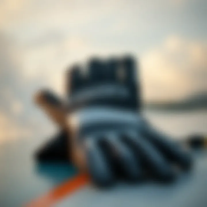 The Essentials of Kitesurfing Gloves Close-up view of kitesurfing gloves on a surfboard