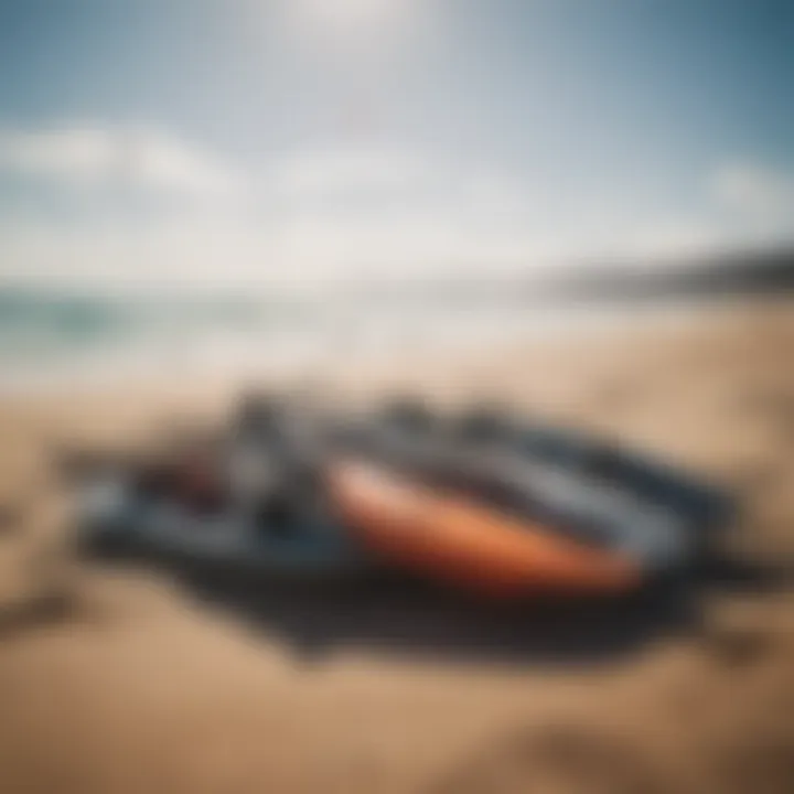 Diverse kitesurfing equipment laid out on the beach