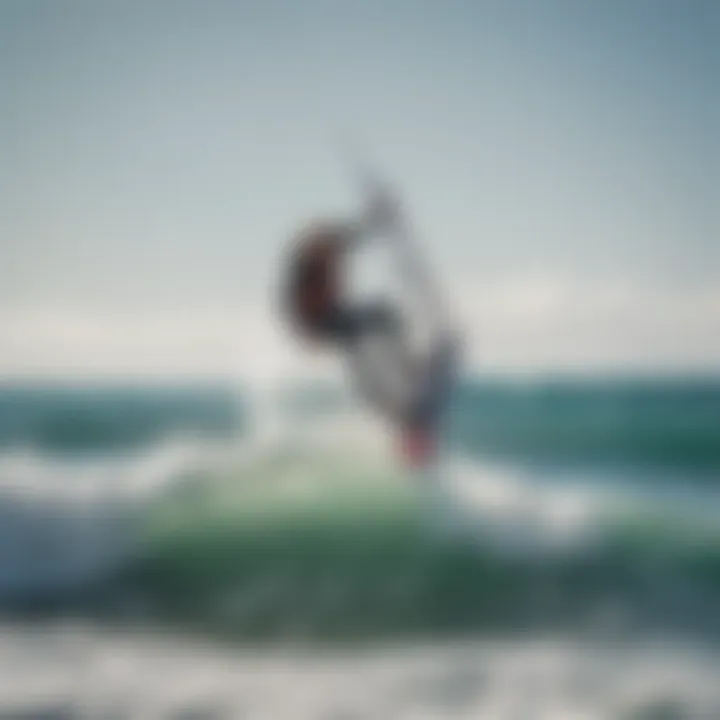 Dynamic action shot of a kitesurfer riding the waves