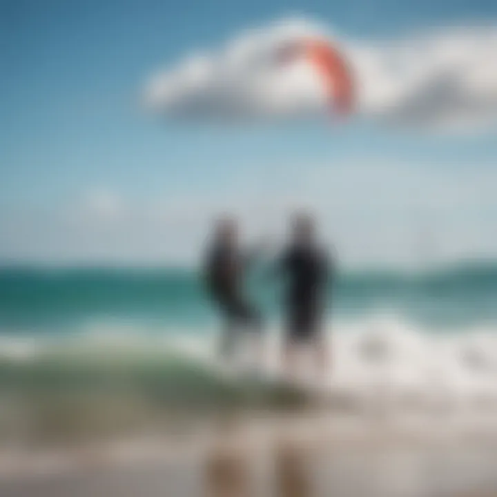 A kitesurfing instructor guiding a student on the beach