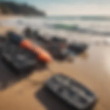 Equipment laid out on the beach ready for kitesurfing