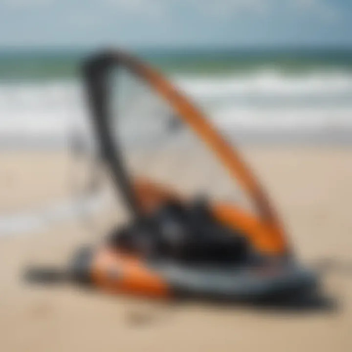 Diverse kitesurfing equipment displayed on a beach