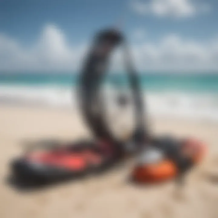 Kitesurfing gear laid out on the sandy beach