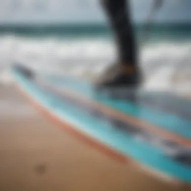 Close-up of a kitesurfing board showing its design and features