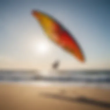 A high-quality kitesurfing kite displayed on a sandy beach