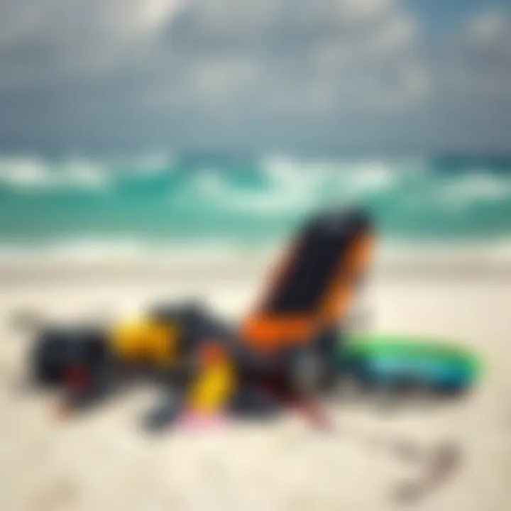 Essential Kitesurfing Gear on the Beach Kitesurfing gear laid out on the beach