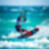 Dynamic kitesurfing action showcasing a rider maneuvering skillfully