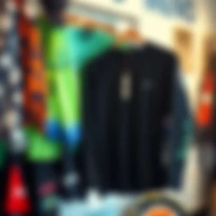 A stylish long sleeve wet shirt displayed on a rack with different designs.