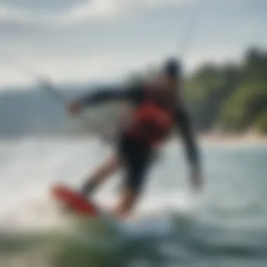 Kiteboarder maneuvering through challenging water conditions