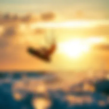 Kiteboarder performing an impressive jump against a sunset backdrop