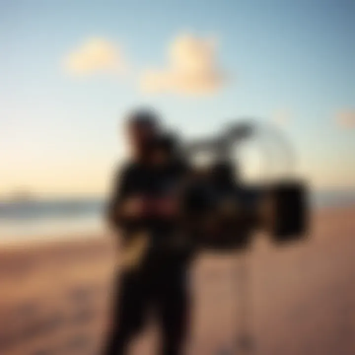 Setting the Scene: Preparing for the Perfect Shot A videographer adjusting camera settings on the beach for kiteboarding footage
