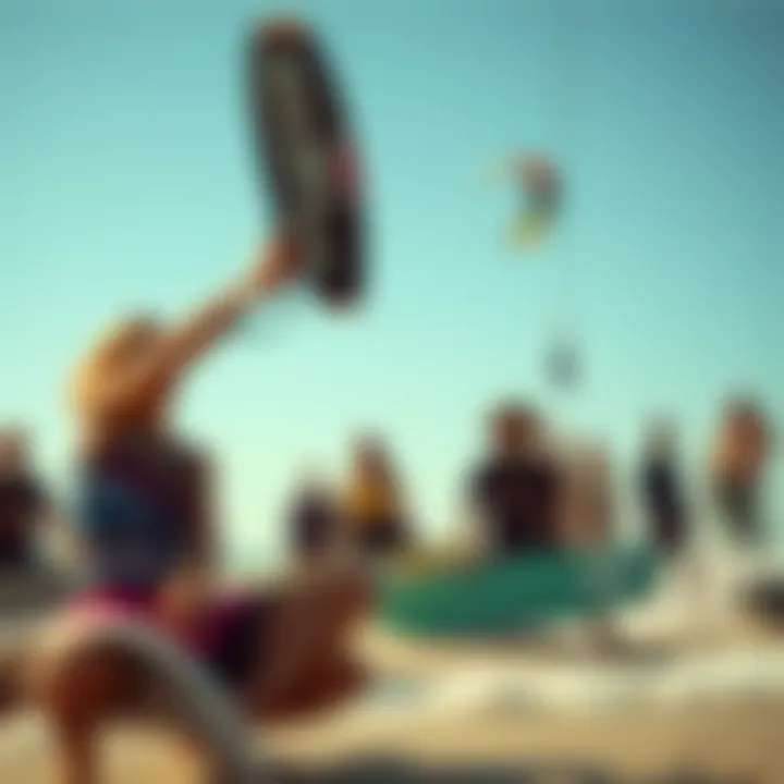 Community of Mystic Kiteboard Enthusiasts A diverse group of kiteboarders celebrating their passion for Mystic Kiteboard