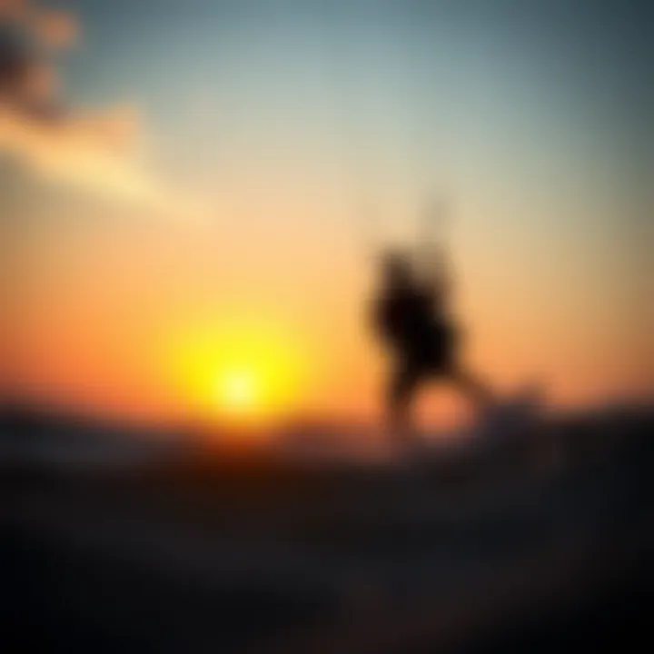 Serene Sunset with Mystic Kiteboarding A scenic sunset view of kiteboarding with Mystic gear in the foreground