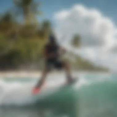 Kiteboarders gliding across the vibrant waters of Coconut Bay.