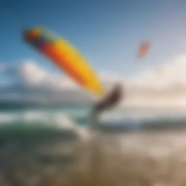 Vibrant Kitesurfing Setup on the Shore A vibrant kitesurfing setup with colorful kites on the shore