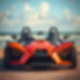 Vibrant slingshot vehicle parked with ocean backdrop