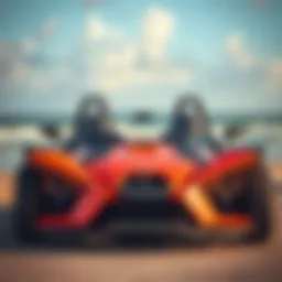 Vibrant slingshot vehicle parked with ocean backdrop