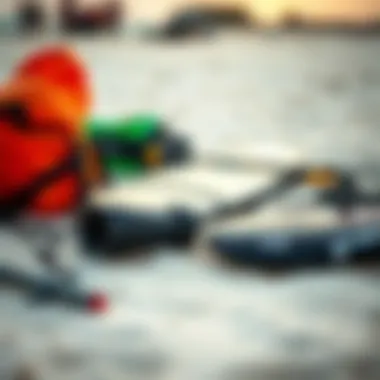 Essential Gear for Kiteboarding Close-up of essential kiteboarding gear laid out on the beach
