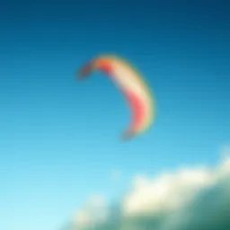 Close-up view of a light wind kite soaring in blue skies